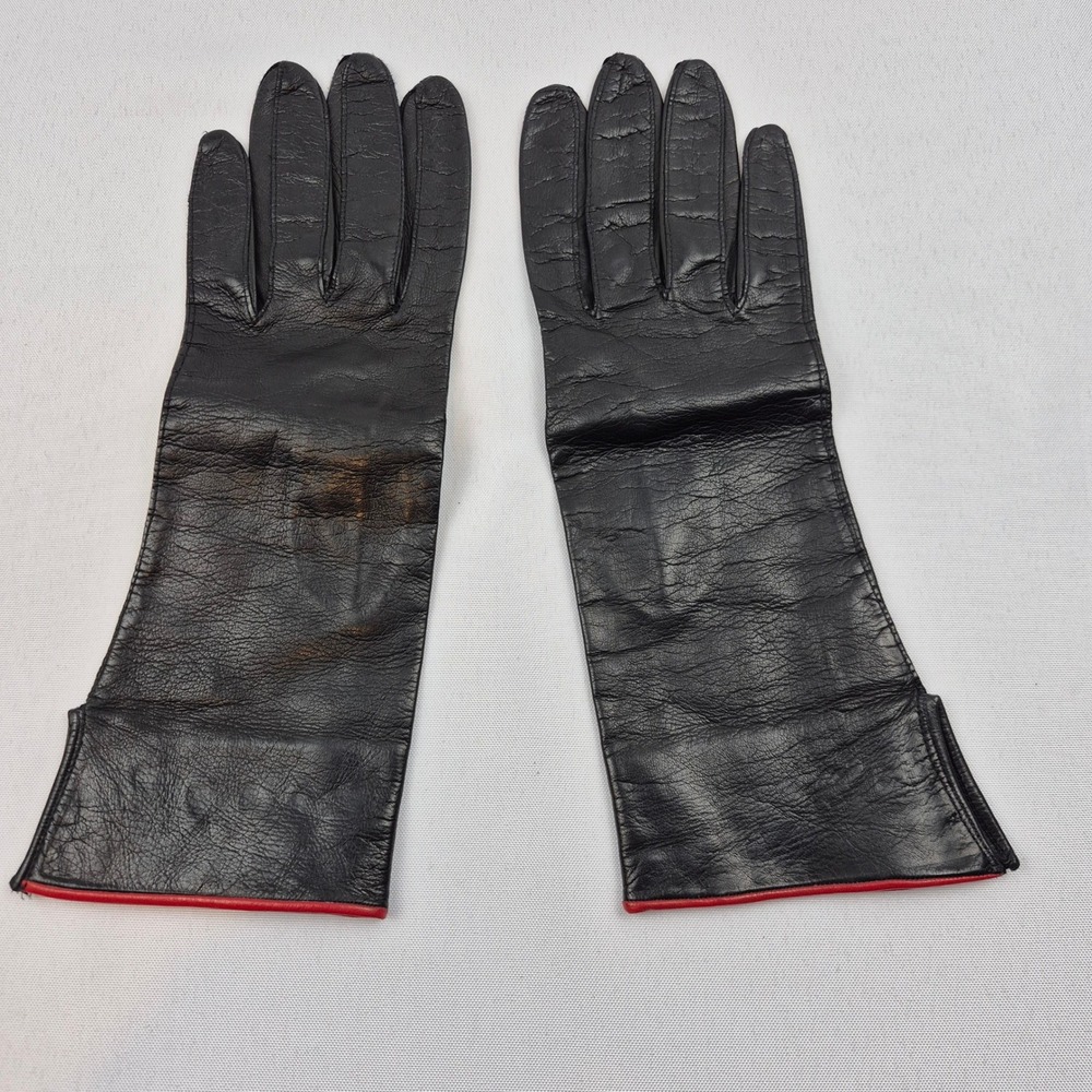 Madova Gloves 7.5 Black Red Italian Leather Silk Lined Vintage Florence Italy